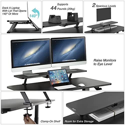Image of AVLT Clamp Desk Shelf Dual 32 inch Monitor Clamp-On Monitor Riser With Slide Out Holder For Convertible Laptop Tablet Smartphone (Black) - Floating Monitor Stand (Shelf Only)