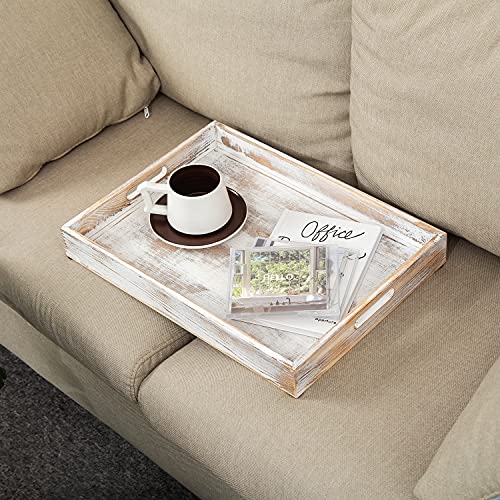 Rustic Distressed Wood Food Breakfast Serving Tray Octagon Serving Tray In Bed With Cutout Carrying Handles Coffee Office Desktop Document Holder Home Kitchen (Washed White) #TOP4