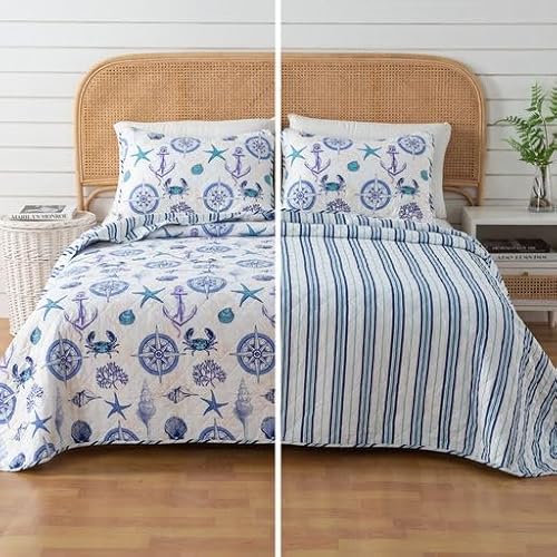 Great Bay Home 3-Piece Full/Queen Reversible Lightweight Nautical Quilt Comforter With 2 Shams | All-Season, Modern, Beach Bedspreads | Blue Seashell Coverlet Sets | Azure Quilts Collection #TOP2