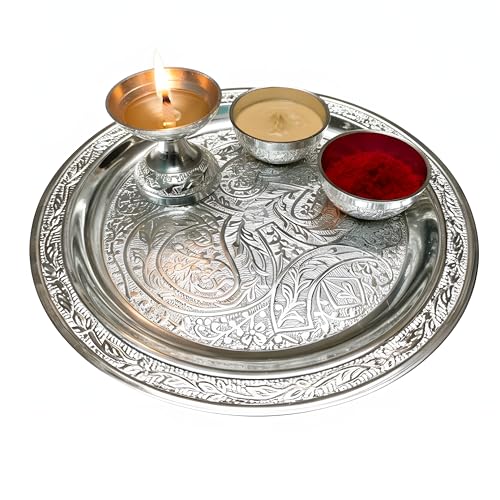 Image of Trinity Designs Silver Pooja Thali Set 8 Inch | Decorative Aarti Thali 234 Grms Silver Plate with Diya & Chandan Bowls | German Silver Thali Set Mandir, Festivals & Gifting | Puja Thali Set for Home
