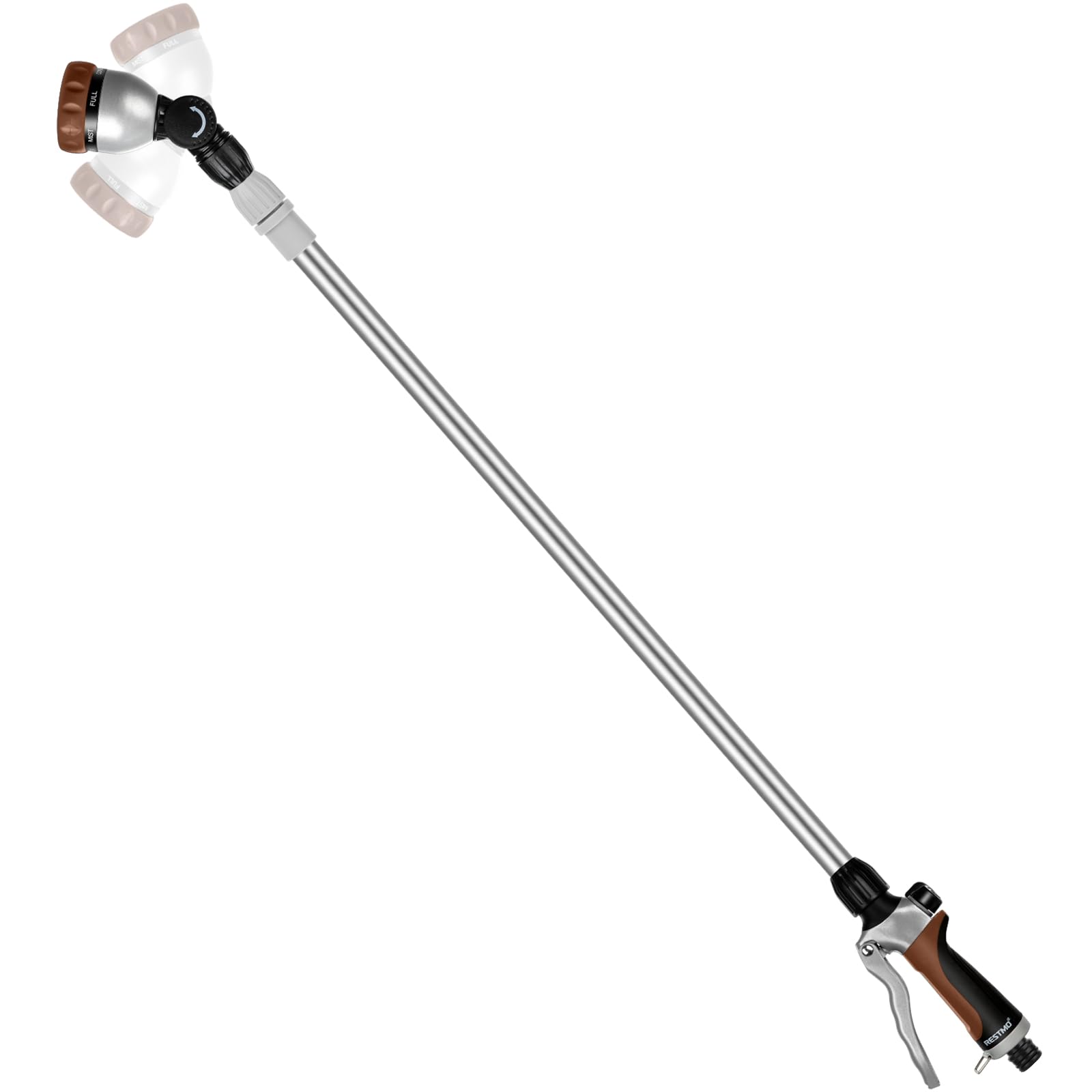RESTMO 91–152 cm Metal Watering Wand, Long Telescopic Tube | 180° Adjustable Ratcheting Head | 7 Spray Patterns | Flow Control, Garden Hose Sprayer to Water Hanging Baskets, Shrubs, Brown