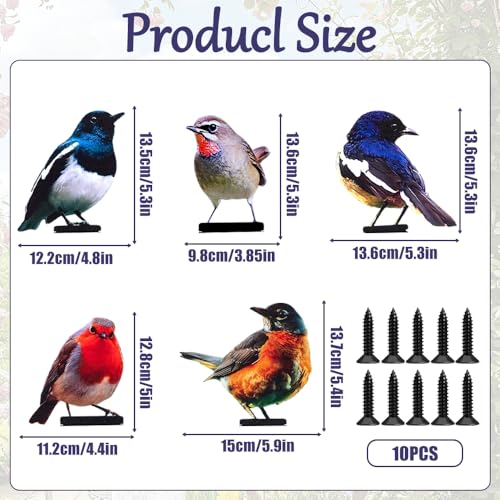 5 Stück Gartendeko Bemalte Vogel, Bunt Bemalte 2D Gartenkunst für draußen wetterfest, Vögel Gartenstecker Deko, Metall Vogel Garten Deko für Gartendekoration Holz Zaunfiguren Frühling Bäume Deko