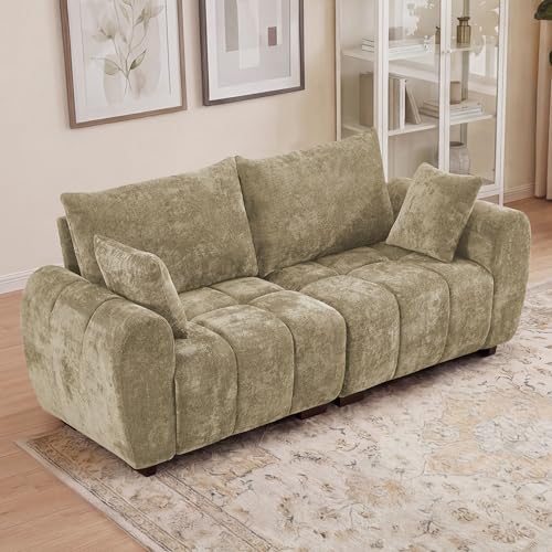 Image of 82 inch Loveseat Cloud Couch, Brown Chenille Modern Upholstered 2-Seater Sofa with Tufted Deep Seat & Wood Legs, Comfy Small Love Seat Couch for Living Room Apartment