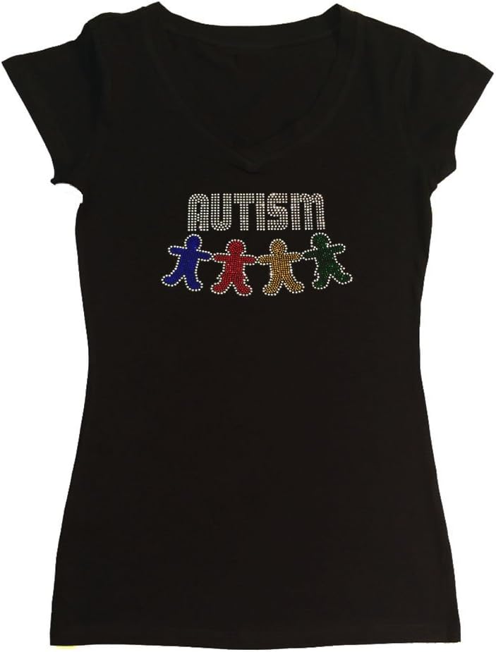 Women's Rhinestone Fitted Tight Snug Shirt Autism Awareness with Kids