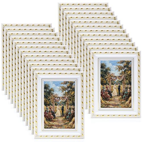 Image of 24 Pcs 4 x 6 Inch White Picture Frames Bulk Vintage Antique Ornate Retro Baroque Photo Frames with Backboard for Wall Hanging Tabletop Home Decor Wedding Christmas Display