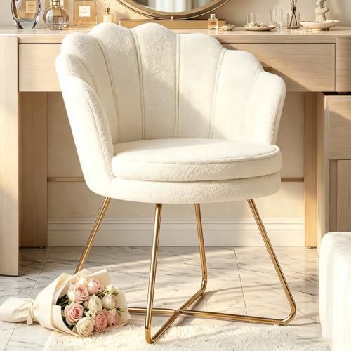 Hellove Chaise Coiffeuse Sherpa Doré | Fauteuil Salon Confortable, Chaise Coquillage Blanc avec Pieds Métal Or, Fauteuil Coiffeuse Idéale pour Salon, Chambre, Lecture, Tabouret Coiffeuse