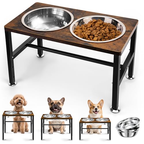 NomNest Elevated Dog Bowls, 3 Height Adjustable Raised Dog Water Food Bowl Wooden Metal Stand, 42OZ-Stainless Steel Bowls for Medium Small Dogs