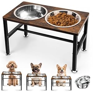 Elevated Dog Bowls, 3 Height Adjustable Raised Dog Water Food Bowl Wooden Metal Stand, 42OZ-Stainless Steel Bowls for Medium Small Dogs