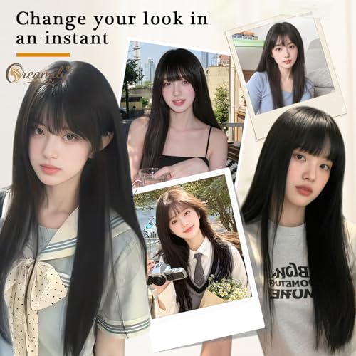 Image of Creamily Black Wig for Women, 22 Inch Long Straight Wig with Bangs, Full Head Synthetic Korean Style Cosplay Wigs