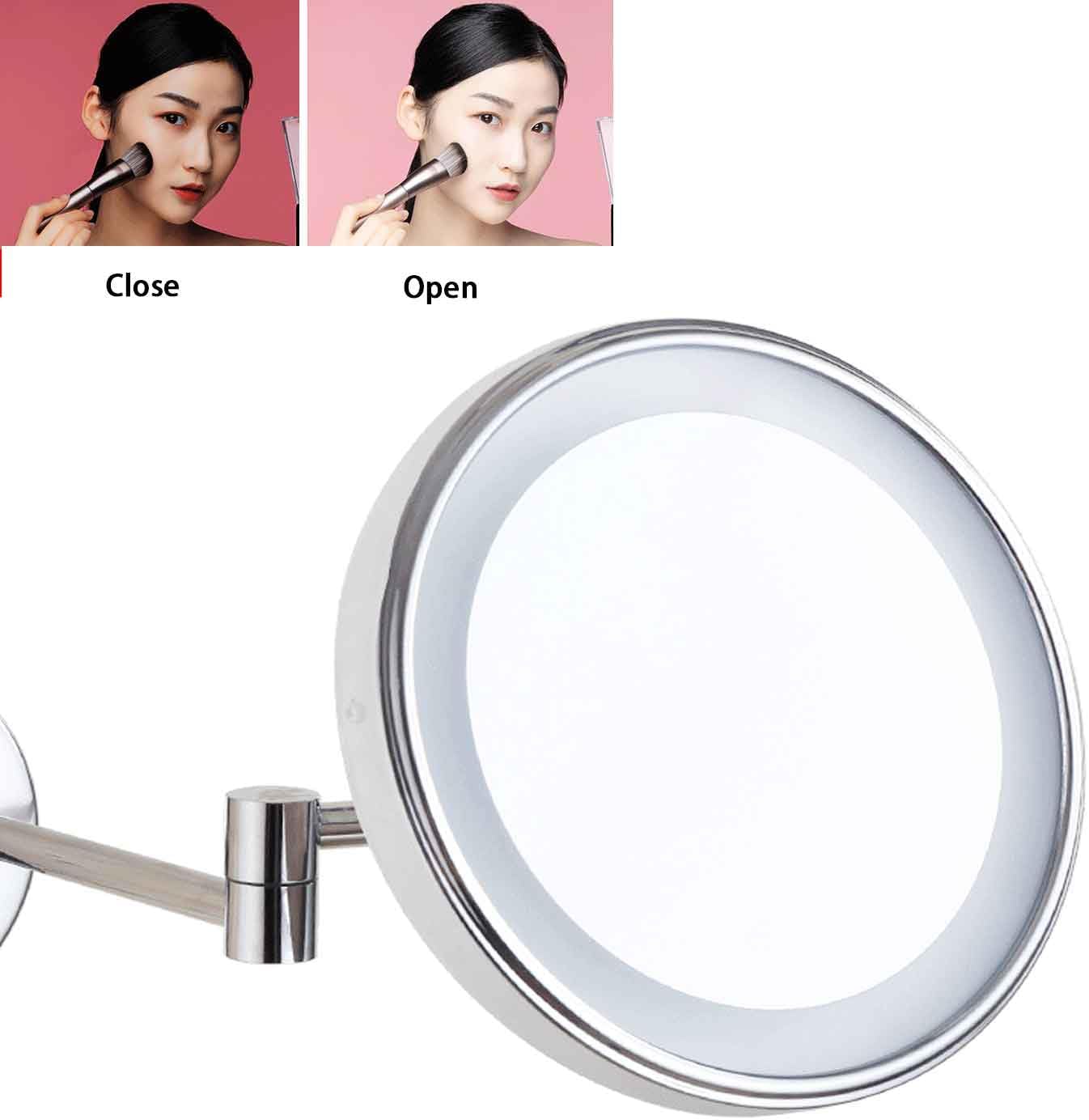 Round Wall Mounted 10x Magnification Makeup Mirror with LED，，Rotable Extendable Shaving Mirror,Hardwired, Silver