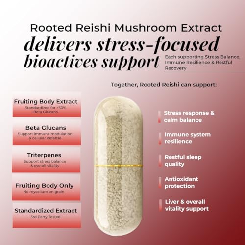 Image of Rooted Active's Reishi Mushroom Capsules - Heart & Immune Health Support Supplement with Organic Ganoderma Lucidum | Support Energy, Mood, Sleep & Overall Well-Being - 60 Vegetarian Capsules