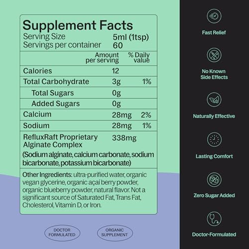 Image of RefluxRaft Acid Reflux Therapy with Organic Alginate, Pregnancy Safe, Fast & Long-Lasting GERD & LPR Support, Zero Sugar, Gluten-Free, Low Sodium, Berry Burst, 60 Gel Servings, 10 OZ Bottle
