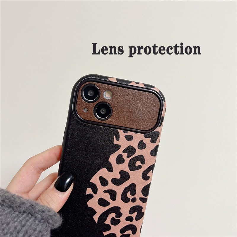 Funda Delgada para iPhone 15 Pro Max/15 Pro/15, Moda Leopardo Estampado Patrón Cuero Carcasa, Cámara Lente Protección Cubierta,Negro,15
