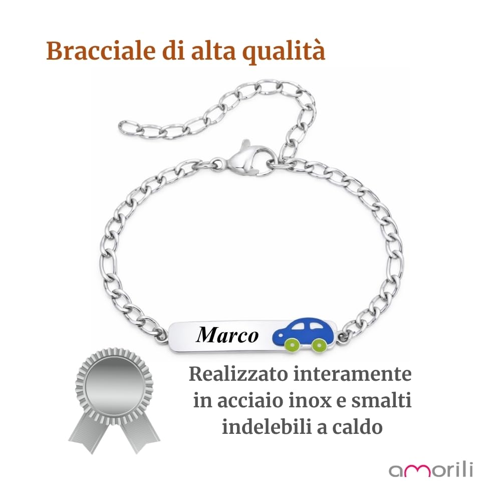 Bracciale Bimbo Personalizzato Personalizzabile con Incisione Nome in Acciaio Inox – Ciondolo Auto Macchinina Smaltata – Braccialetto Bambino Regolabile – Idea Regalo bcc1844