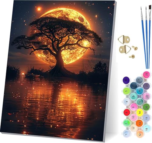 月 数字油絵 DIY Paint by Numbers for Adults 木 手作りキット子供初心者 塗り絵 数字 キット ブラシとアクリル絵の具が入 ペイントバイナンバー 大人のクラフトアクティビテ ホーム オフィス装飾 女性へのギフト 100x13