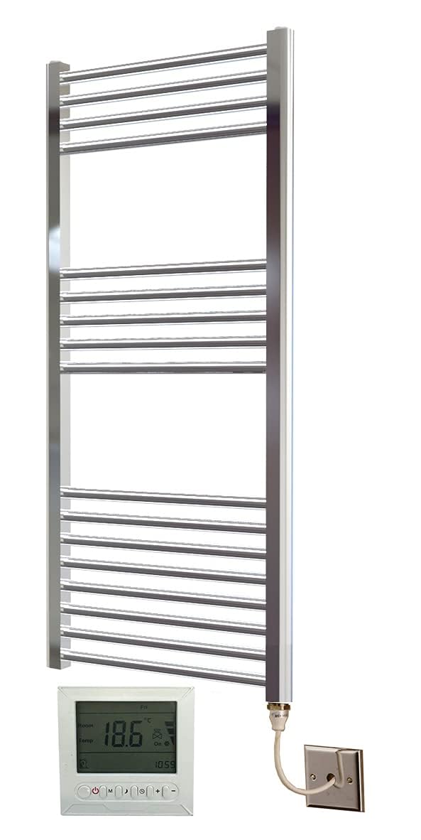 Greened House Electric Chrome Flat Towel Rail 400mm Wide x 1000mm High + Timer and Room Thermostat Bathroom Towel Rails (400 x 1000)
