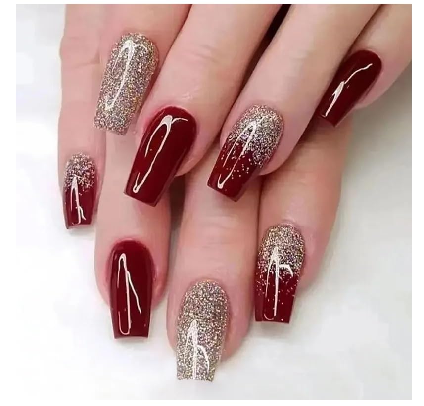TREXEE Gold Glitter Wine Red Fake Nails Stick on Sparkling Enhancement Medium False Fingernail Bridal Festival New Year Wearing Nail Ins Style (24 PCS)-image-37