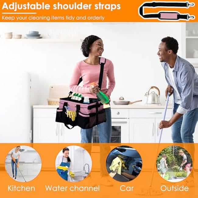 Wearable Cleaning Caddy Bag, Organizer Tote for Cleaning Supplies with Handle & Shoulder Straps, Built-in Sturdy Support Board, Under Sink & Car Cleaning Tool Organizers Bag for Housekeeper (Pink)