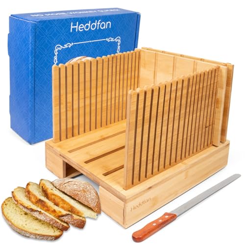 Bamboo Bread Slicer For Homemade Bread - Built-In Knife Slot, Crumb Catcher & Storage Compartment - Adjustable Extra Wide & High For Sourdough - Long 12” Knife Blade Included