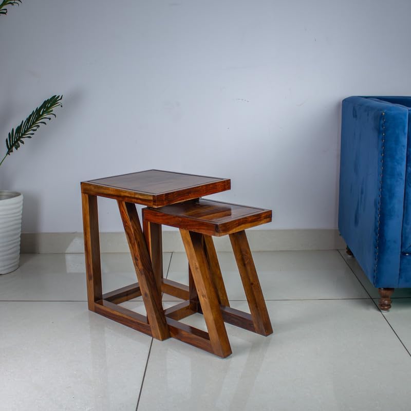 WOODMAZE Solid Sheesham Wood Z Shape Nesting Table Set of 2 Stools