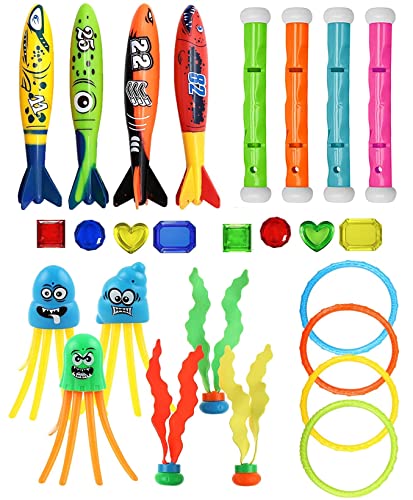 26PCS Diving Toys Set, Swimming Pool Toys for Kids, Underwater Diving Pool Toys Kit, Dive Sticks, Diving Rings, Toypedo Bandits, Gemstones, Octopus, Seaweed, Summer Swimming Toys for Kids