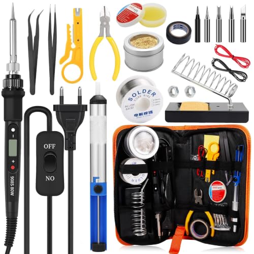 Soldador de Estaño 80W con Pantalla Digital (350–520℃), Kit Soldadura Estaño 21 en 1 con 5 Puntas, Bomba Desoldadora, Soporte, Herramientas Completas y Estuche PU, Para Reparaciones y Electrónica