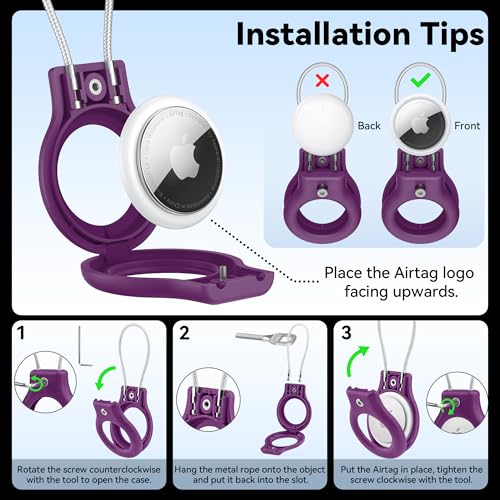 Image of Meliya at Holder for Apple at Secure Holder with Wire Cable, 4 Pack Air Tag Lock Case Keychain Key Ring Key Chain Luggage Tag for Keys, Luggage & More - Dark Purple