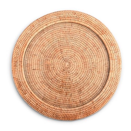 Vagabond House Round Basket Tray - Natural, Durable & Eco-Friendly Wicker Tray - Hand Woven Rattan Tray with Glass Insert - Perfect Serving Tray for Beach House & Ottoman Tray - Image 2