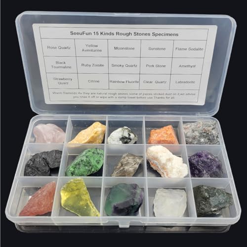 Rock & Mineral Collection Kit for Adults and Kids Natural Rocks for Tumbling Polishing Gemstone Raw Crystals Rough Stones for Wicca & Reiki (15Pcs)