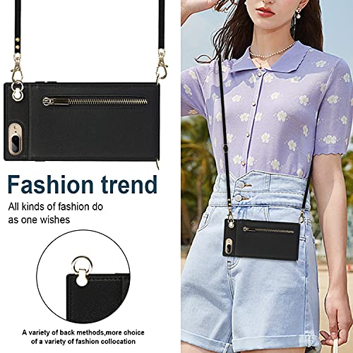 Cavor iPhone7 iPhone8手帳ケース iPhoneSE 第2/3世代 iPhoneSE2 SE3 SE 2022 ケース手帳型ショルダー クロスボディ手帳 iPhoneSE2スマホ 携帯用 ケースiPhoneSE3スマホ 携帯用 肩がけ 首掛け 斜め掛けチェーン ファスナー型ストラップ付きショルダーケースiPhonese2 iphone SE3財布型 ケーススマホケース【ブラック】