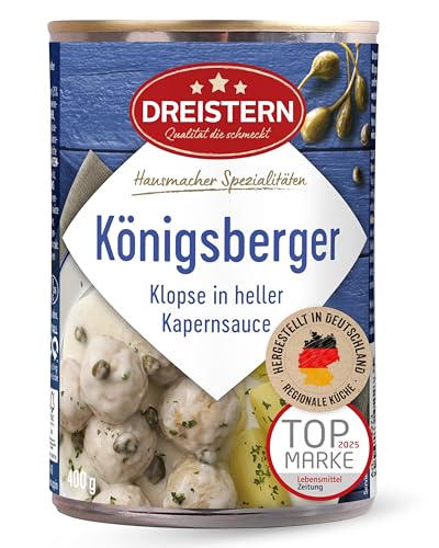DREISTERN Königsberger Klopse 400g I 4 Klopse in heller Kapernsauce I Herzhaftes Fertiggericht in recyclebarer Konservendose I Lange Haltbarkeit dank natürlicher Konservierung I Hausmacher Qualität