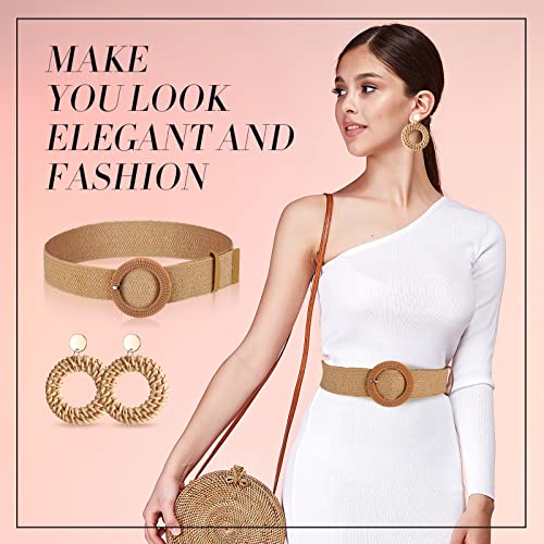 Charniol 6 Pack Straw Woven Elastic Stretch Waist Rattan Earrings Set, Tassel Dangle Bohemian and Braided Belt for Women2