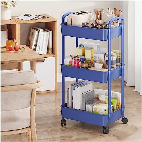 SAJMN Carrito rodante Multifuncional de 3 Niveles con cestas de Malla de Resina y barandillas. Estante de Almacenamiento para Carrito de salón Azul con asa para facilitar su Movilidad. Ideal para