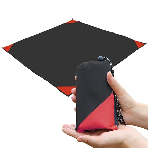 Orga'Neat Pocket Picnic Blanket, Beach Mat Waterproof Sandproof, Compact Lightweight Small Tarp for Camping, Hiking, Backpacking, Festival, Travel, Foldable in Bags (Black/Red, 55"x60")