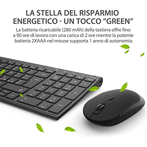 iClever Tastiera e Mouse Wireless - Tastiera e Mouse Portatili Wireless 2.4G, Batteria Ricaricabile Design Ergonomico Dimensioni Regolari Sottile Connessione Stabile DPI Regolabile (Nero)