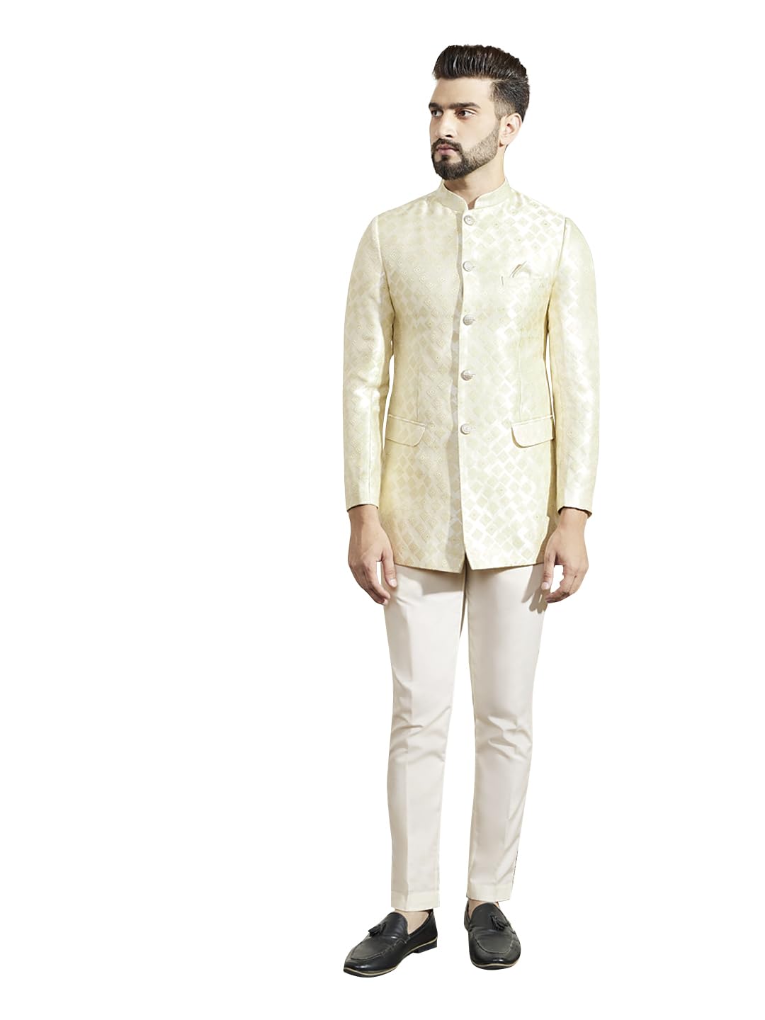 kisah Mens Jodhpuri Bandhgala Trouser Set Silk Blend Jacquard, Ethnic Wear for Men, Cream-picture-50