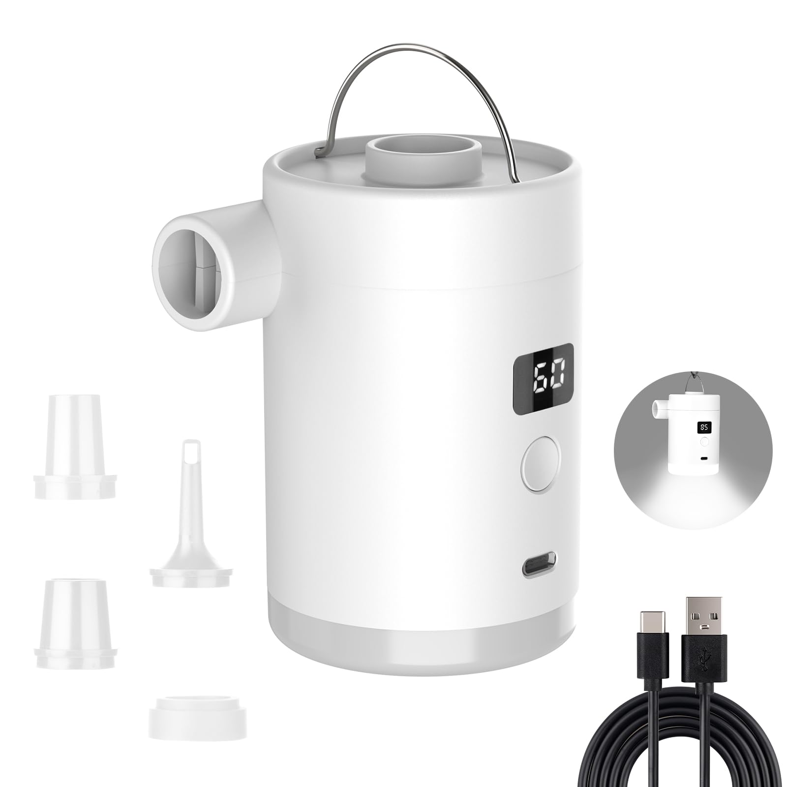 Pompa Ad Aria Elettrica, 4000mah Pompa Elettrica Per Materasso Gonfiabile Con 4 Ugelli, Gonfiatore Sgonfiatore, Illuminazione Usb Ricaricabile, Per Il Campeggio All'aperto,Materasso Ad Aria