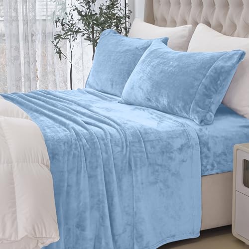 Elegant Comfort Luxuriously Soft 4-Piece Velvet Plush Flannel Sheet Set - Premium Quality - Cozy Warm, Anti-Static, Non Pilling Fuzzy Velvet Flannel Fleece Deep Pocket Sheet Set - Queen, Denim Blue
