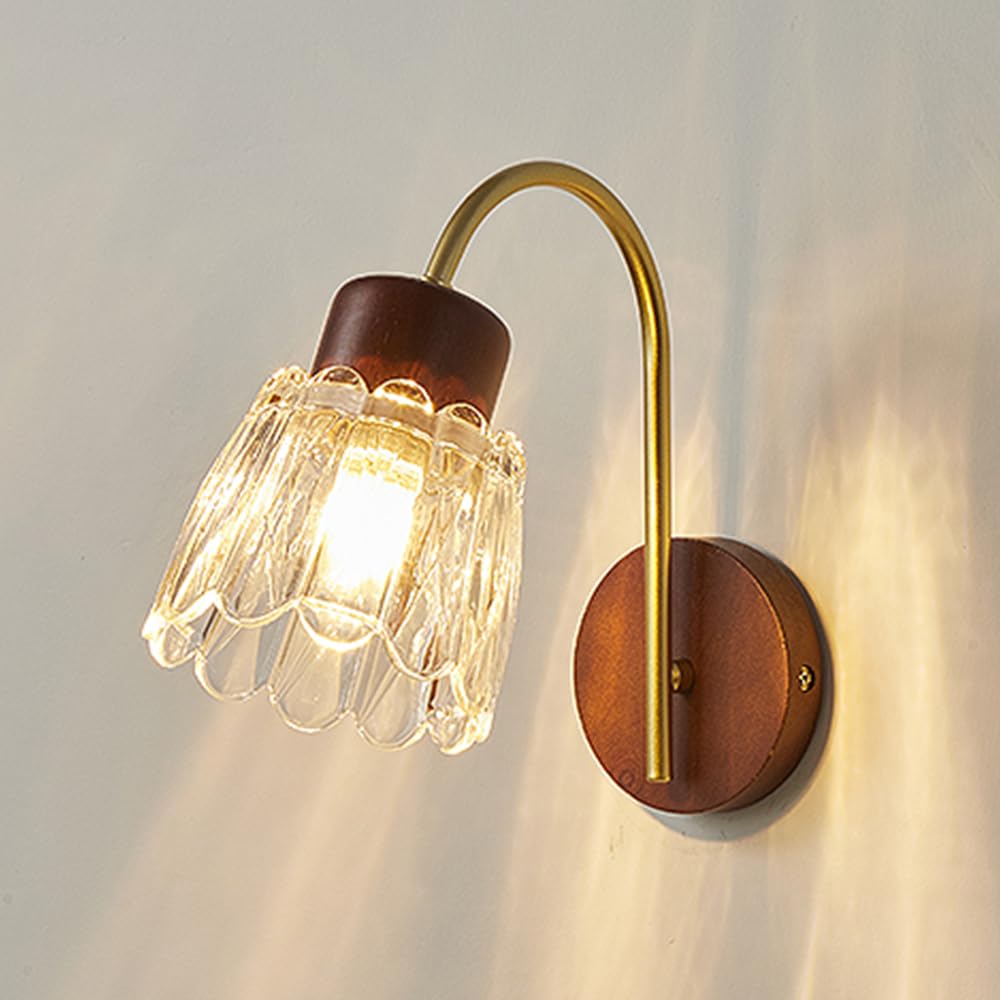 HUAYUSEDF Vintage Wall Sconce - Clear Glass Lampshade & Rubber Wood Lighting Fixture for Modern and Retro Spaces