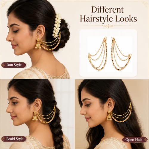 Image of Traditional 3-Layer Ear Chains (Mattal) with Sparkling Round Multi Colors Stones | Champaswaralu Kaan Chain for Heavy Jhumka Support | Artificial Indian Bridal Hair Accessories