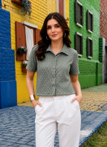 Image of Zilcon Women's Textured Polo Collar Shirt | Short Sleeve Button-Down Casual Crop Top | Soft Stretch Everyday Fashion Shirt