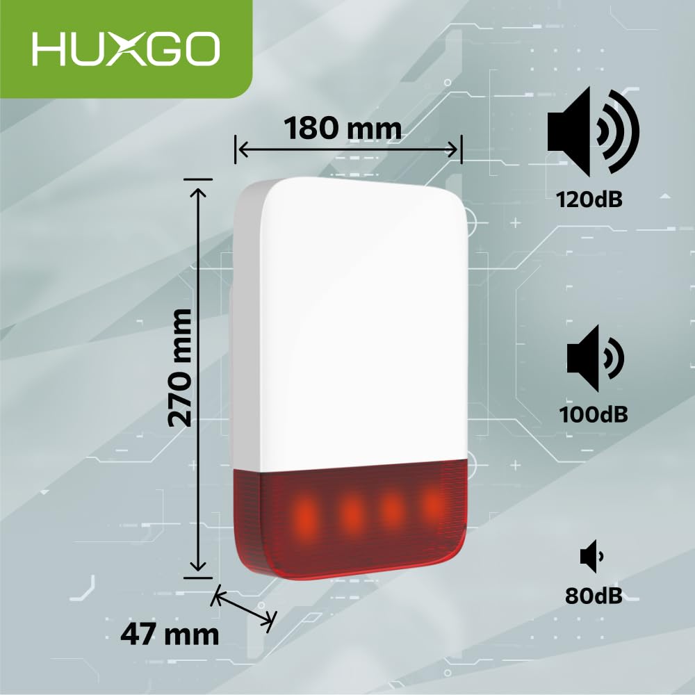 Sirena allarme esterno senza fili 120 dB con protezione manomissione – Batteria backup 5000 mAh, compatibile con sistemi HUXGO – resistente alle intemperie, sirena casa