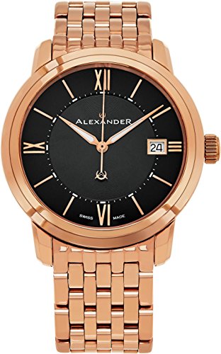 Alexander Heroic Macedon Mens Rose Gold Watch Metal Band - 40mm Analog Black Face with Second Hand Date and Sapphire Crystal - Classic Swiss Made Quartz Dress Watches for Men Gold Tone A111B-07