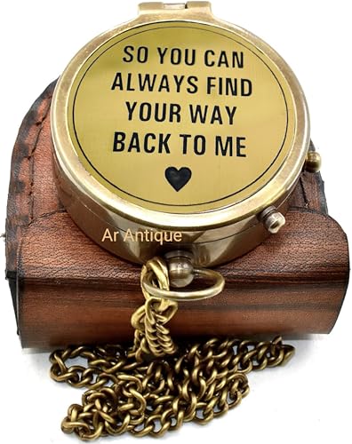Brújula de bolsillo vintage de latón 'Para que siempre puedas encontrar el camino de regreso a mí' - Brújula náutica antigua con estuche de cuero, regalo romántico para esposo, novio, aniversario, boda y larga distancia