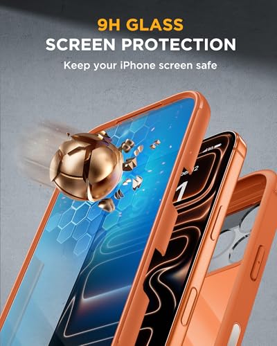 Image of Miracase for iPhone 17 Pro Max Case with 360 Magnetic Ring Stand [Compatible with Magsafe] Full-Body Drop Proof Bumper Phone Case with Built-in 10H Tempered Glass Screen Protector,Orange