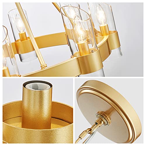 Image of WUZUPS Wagon Wheel Chandelier 8-Light with Clear Glass Industrial Modern Farmhouse Round Light Fixture for Dining Room Kithen Island Foyer, Width 26 inch Height 22 inch, Gold