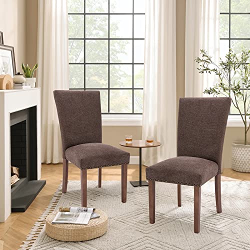 Image of Parsons Dining Chairs Set of 2, Upholstered Nailhead Dining Room Kitchen Side Chair with Thick Cushions and Wood Legs, Brown