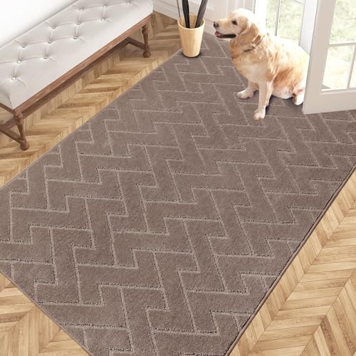 PURRUGS Easy Care Area Rug 4ft x 6ft, Non-Slip Machine Washable Entry Rug, Stain Resistant Accent Rug for Hallway, Bedroom, Living Room and Mudroom, Grayish Brown