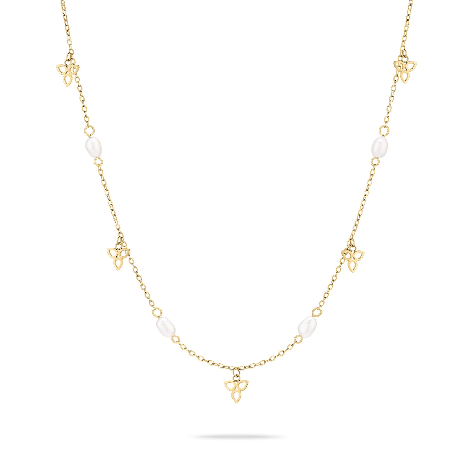 Tamaris Pearl Flower Necklace – Gold – Necklace with Zirconia Stones and Flower Pendants Made of Stainless Steel