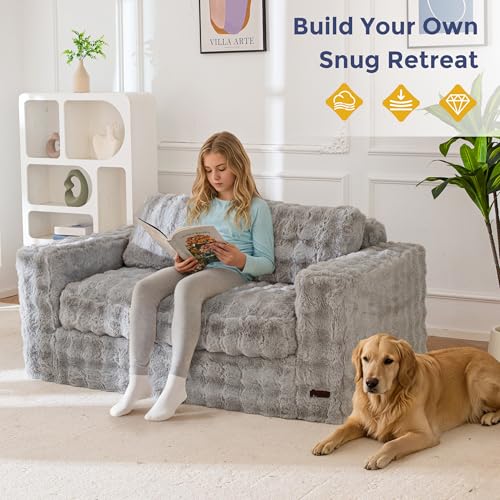 Image of MAXYOYO Loveseat Sofa Couch, Upholstered Bean Bag Chair Cloud Seat for Adults, Boneless Couch with Cushion & Pillows, Sofa in A Box, No Assembly Required, Bubble Grey, 2-Seat